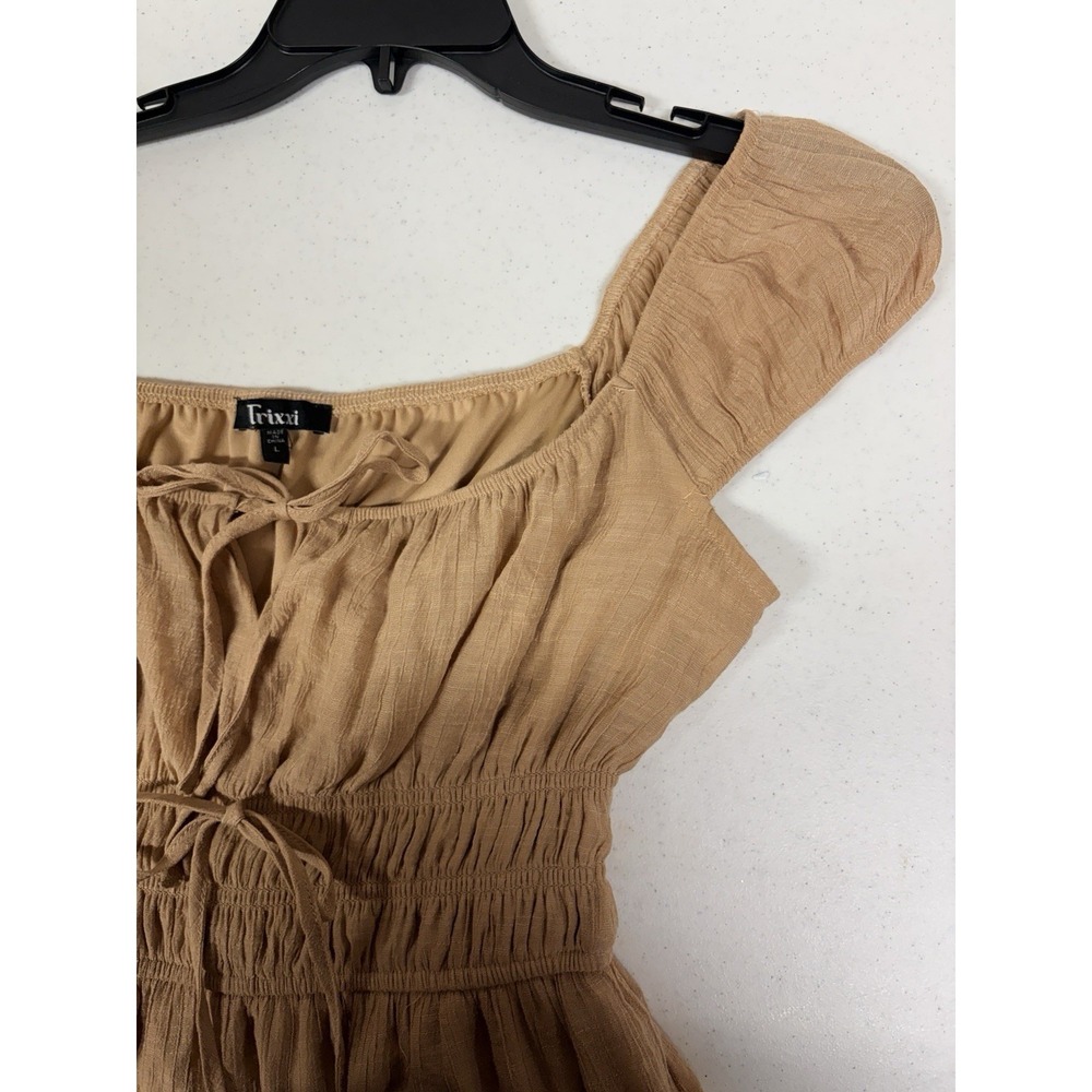 Trixxi Mini Dress Sz L Tan Ruffled Tiers Short Sleeve Flirty Coquette Y2k Party - Picture 11 of 14